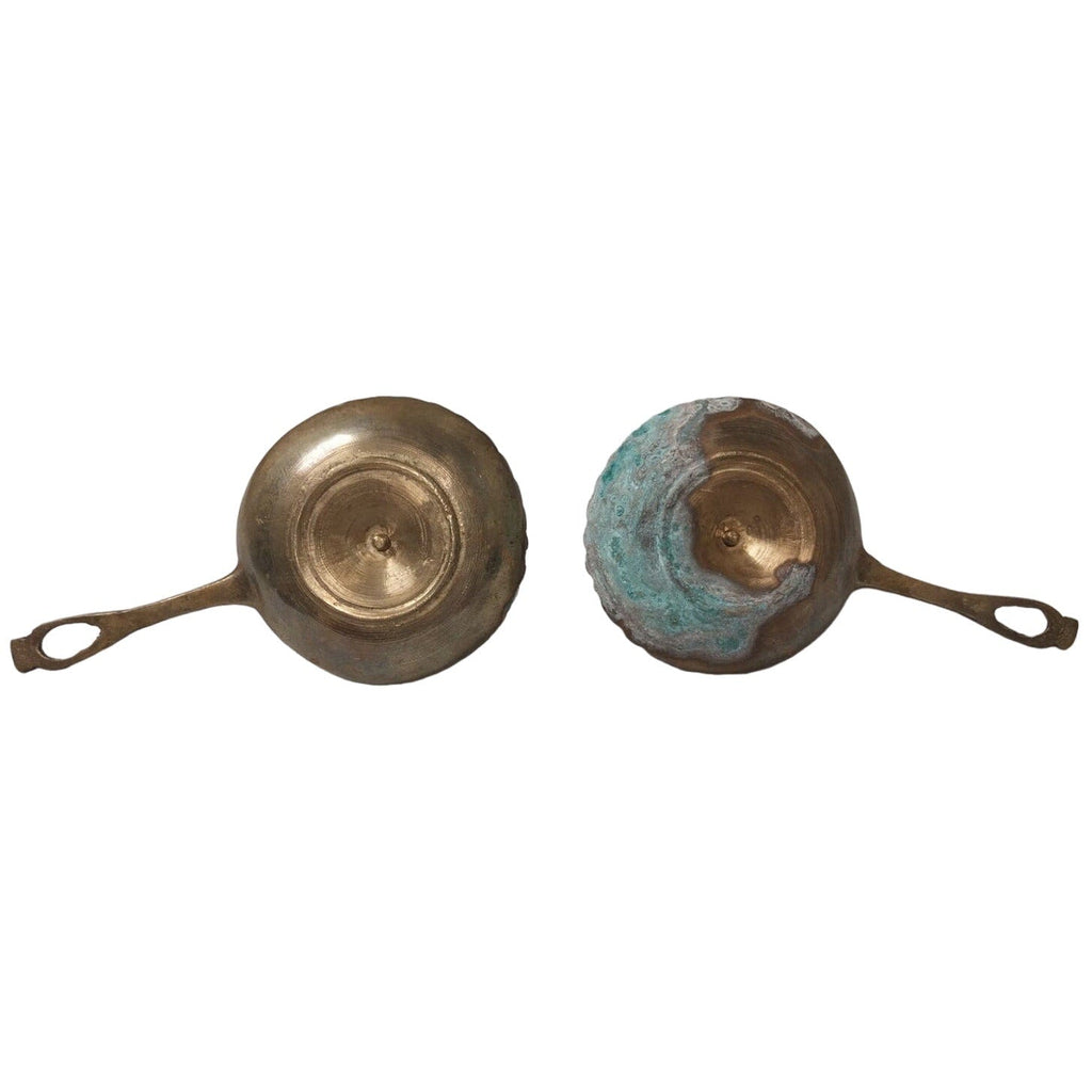 Vintage Pair Tarnished Patina Brass Taper Candle Holders Handles Wax Drip Tray