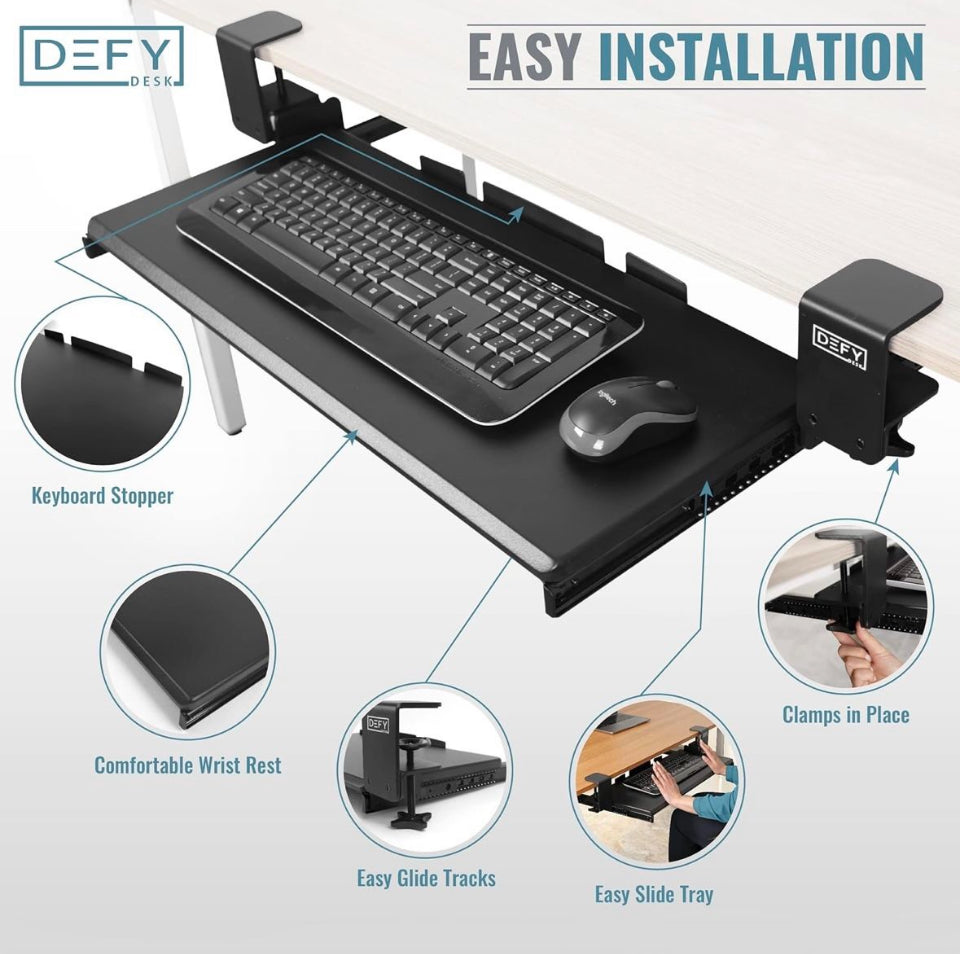 Open box DEFY DESK Clamp On Keyboardl Tray Under Desk Storage - Ergonomic Desk Drawer Computer Keyboard Stand Under Desk Drawer - Under Desk Keyboard