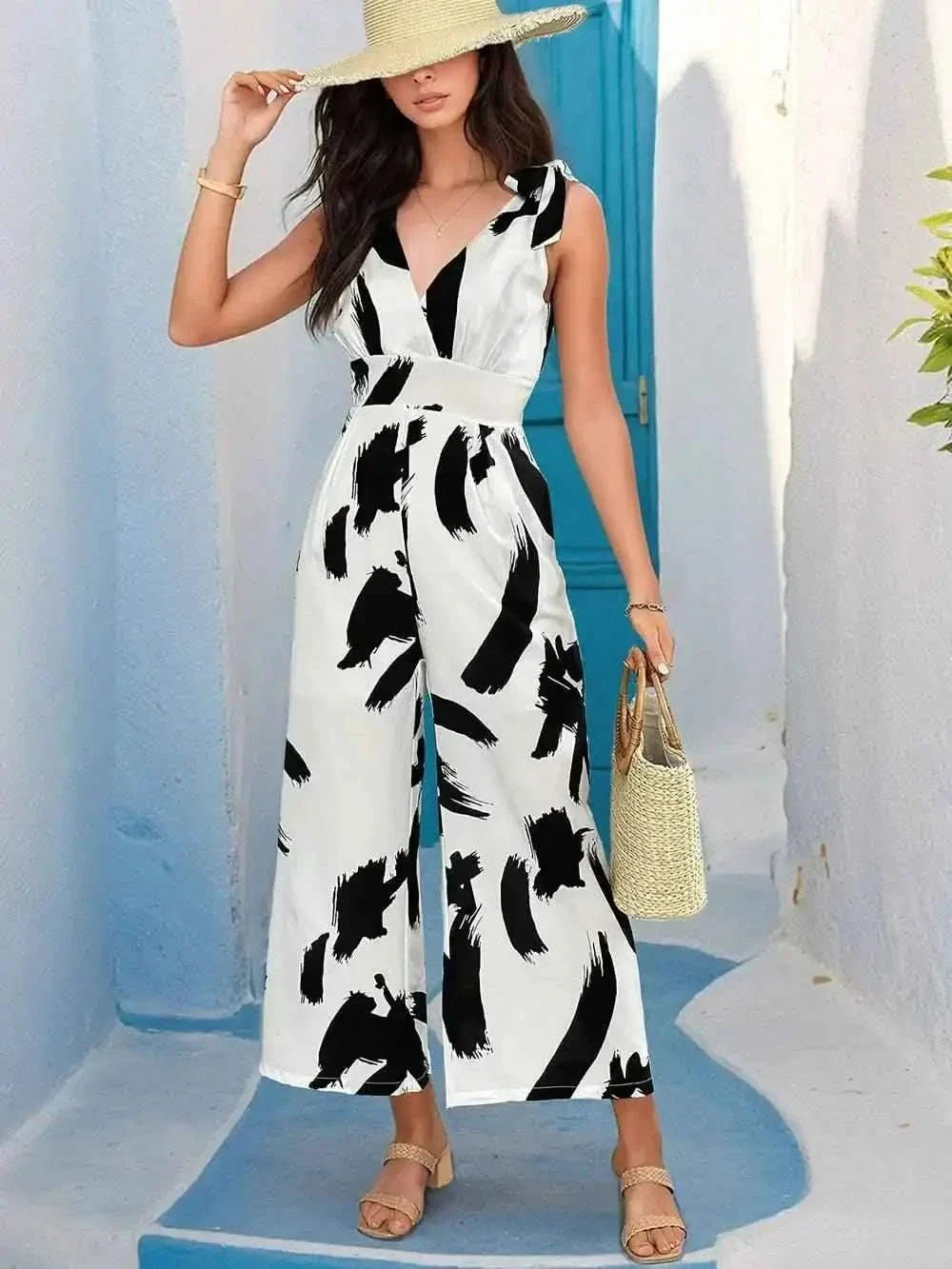 Perfee Tied Printed Surplice : Sleeveless Jumpsuit