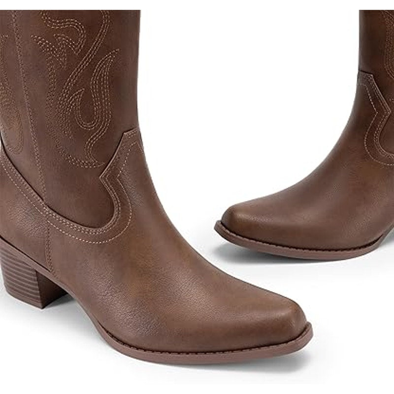 Dream Pairs Womens Size 7.5 Brown 2.5" Chunky Heel Pull On Western Cowboy Boots