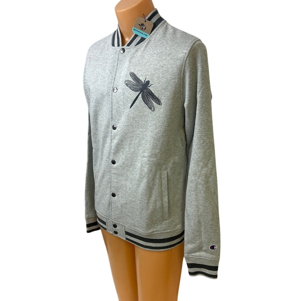 New Champion Unisex 2XL Gray Snap Up Hand Printed Dragonfly Bomber Jacket
