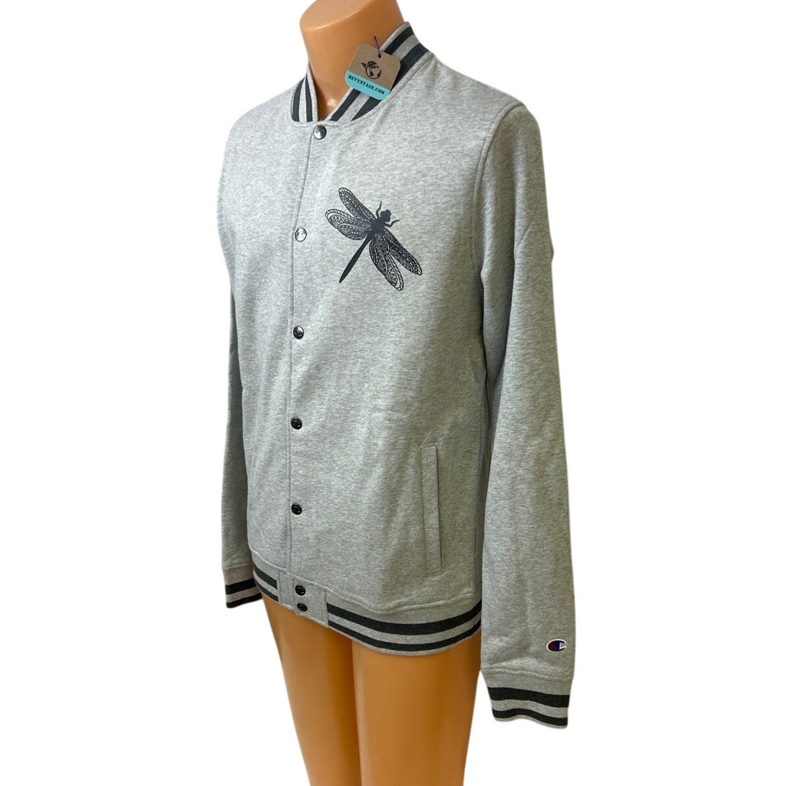 New Champion Unisex 2XL Gray Snap Up Hand Printed Dragonfly Bomber Jacket