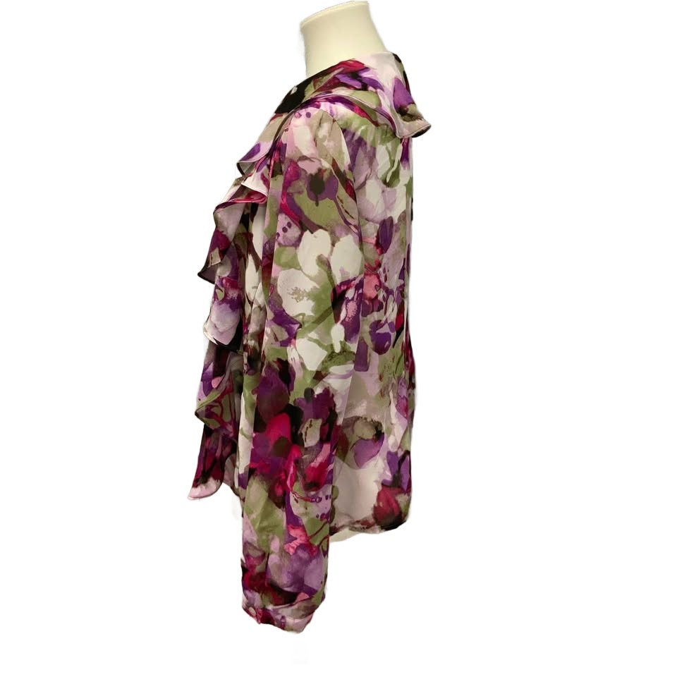 Evan Picone Petite 12P Long Sleeve Floral Ruffled Polyester Button Down Blouse