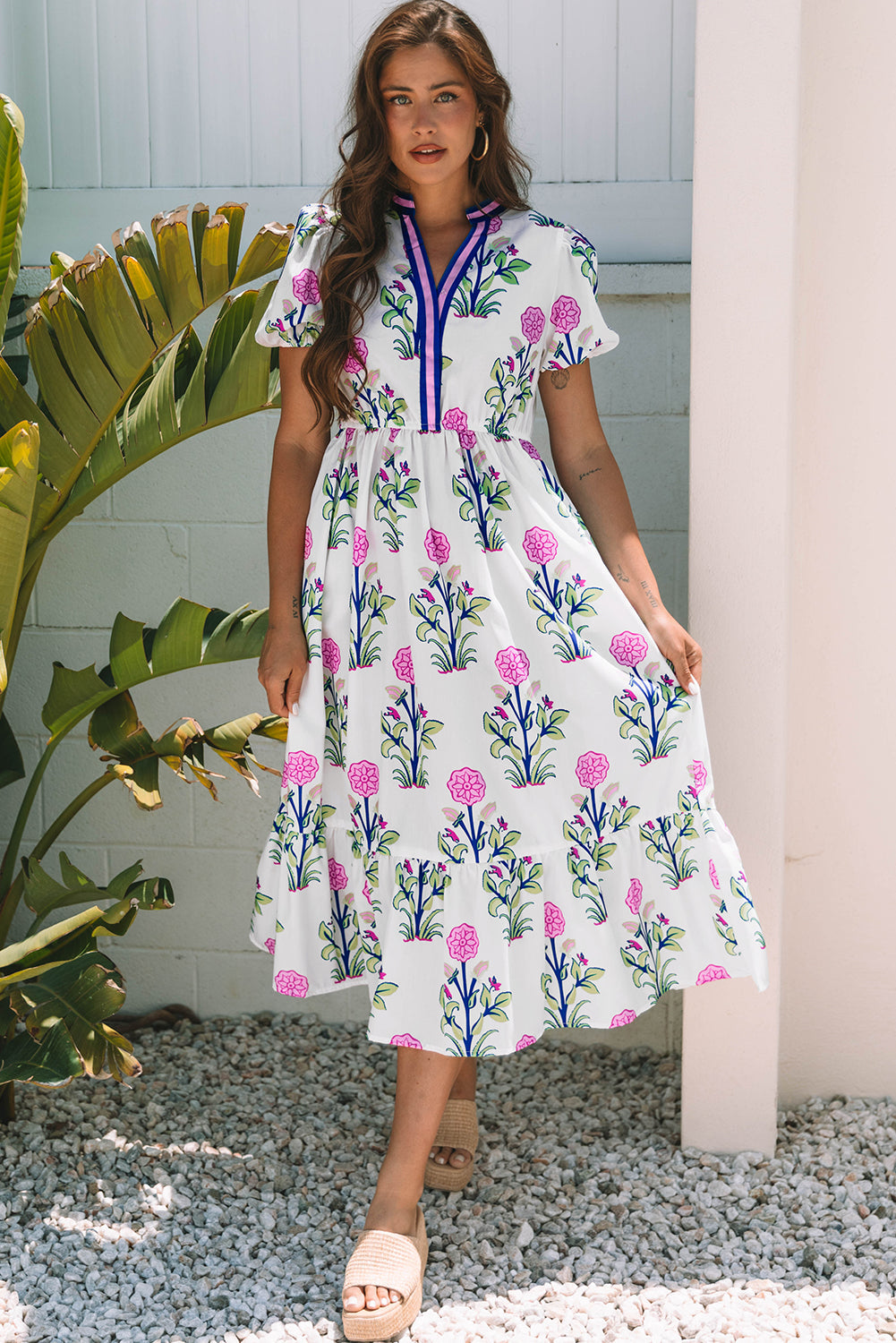 Luxury Floral Puff Short Sleeve V Neck High Waist Maxi Dress