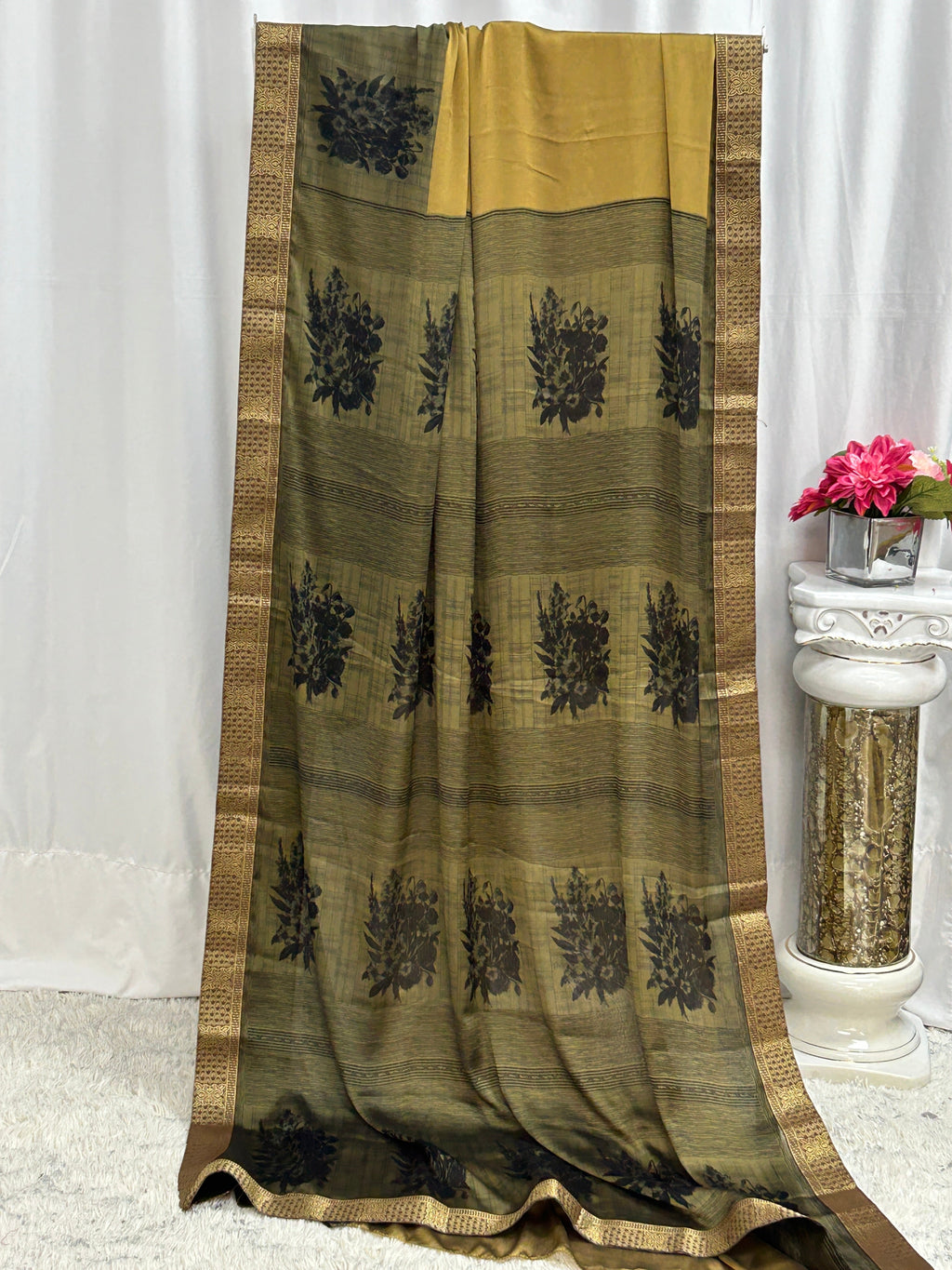 Printed Chiffon silk saree : fall pico done