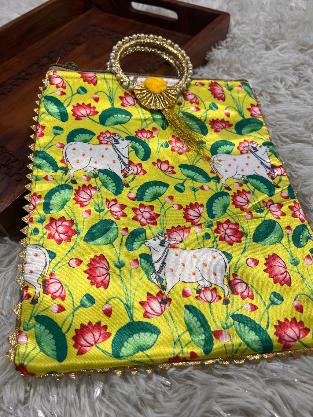 Handmade Yellow Pichwai Cow Print Potli Bag | Indian Ethnic Clutch with Pearl Handle | Festive Wedding Gift