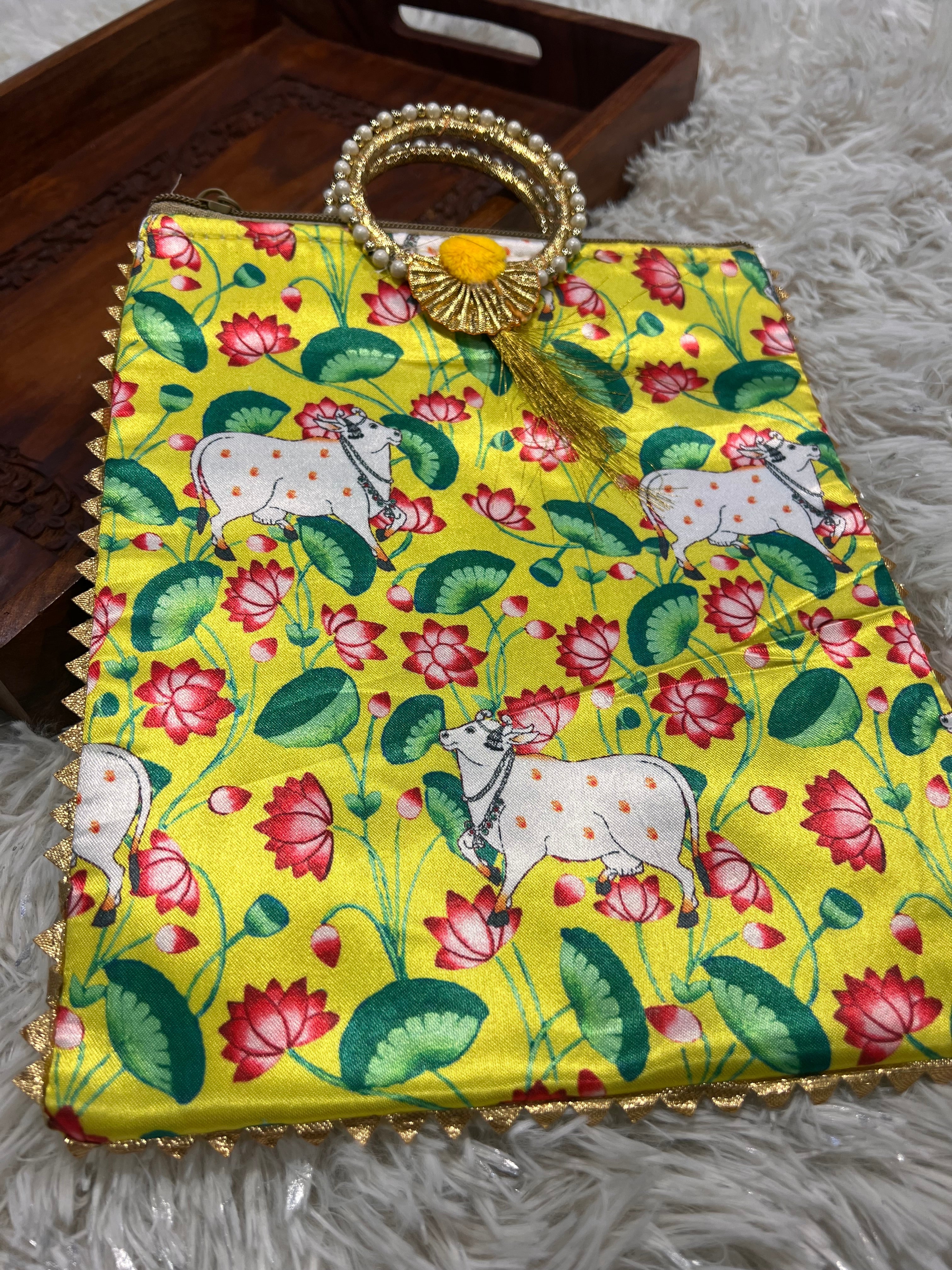Handmade Yellow Pichwai Cow Print Potli Bag | Indian Ethnic Clutch with Pearl Handle | Festive Wedding Gift