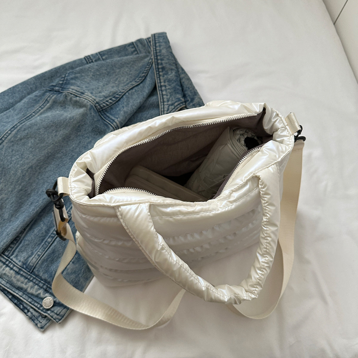 Large Capacity Quilted Crossbody Bag with Multi-Tiered Pockets