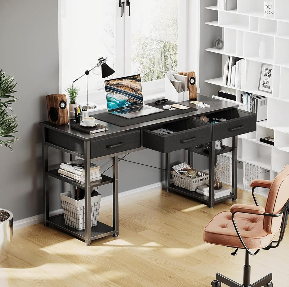Open Box "ODK Office Small Computer Desk: Home Table with Fabric Drawers & Storage Shelves, Modern Writing Desk, Black, 48""x16"""