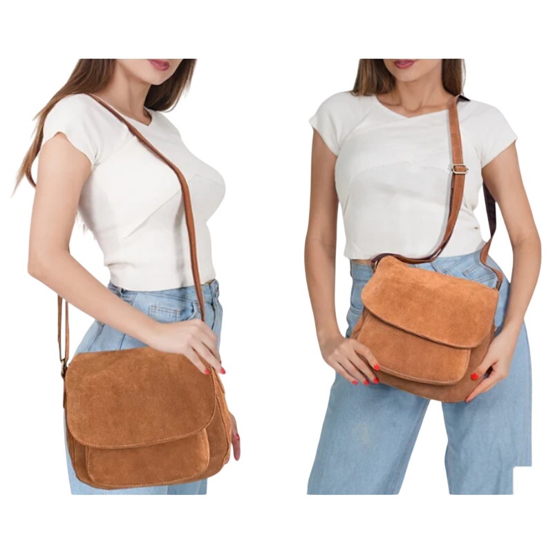 New Rustic Town Multi Pocket Suede Leather Shoulder Purse Crossbody Saddle Bag