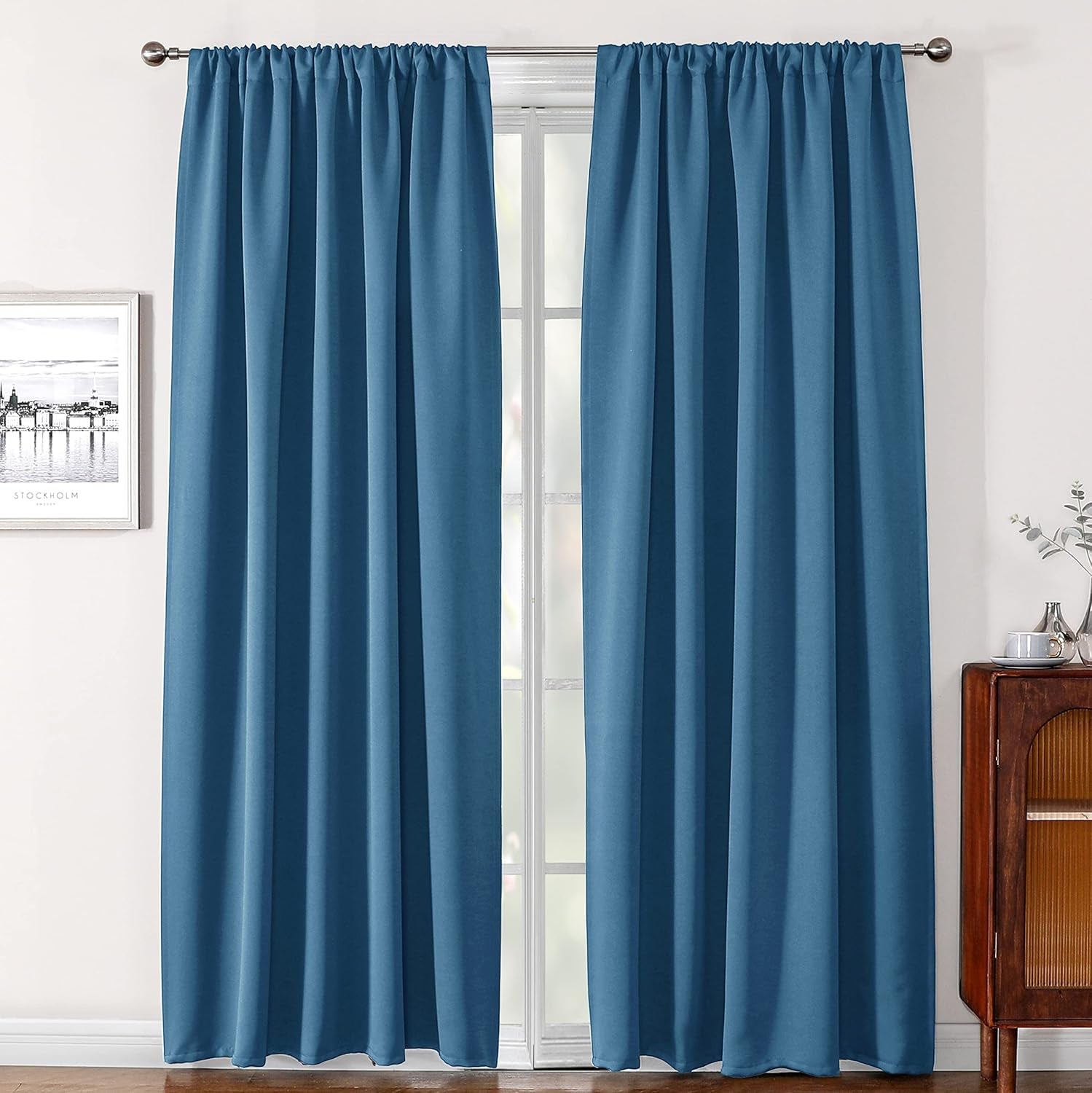 Blackout Curtains for Living Room, Thermal Insulated Rod Pocket Window Drapes for Bedroom, 2 Panels (42X84 Inch, Blue)