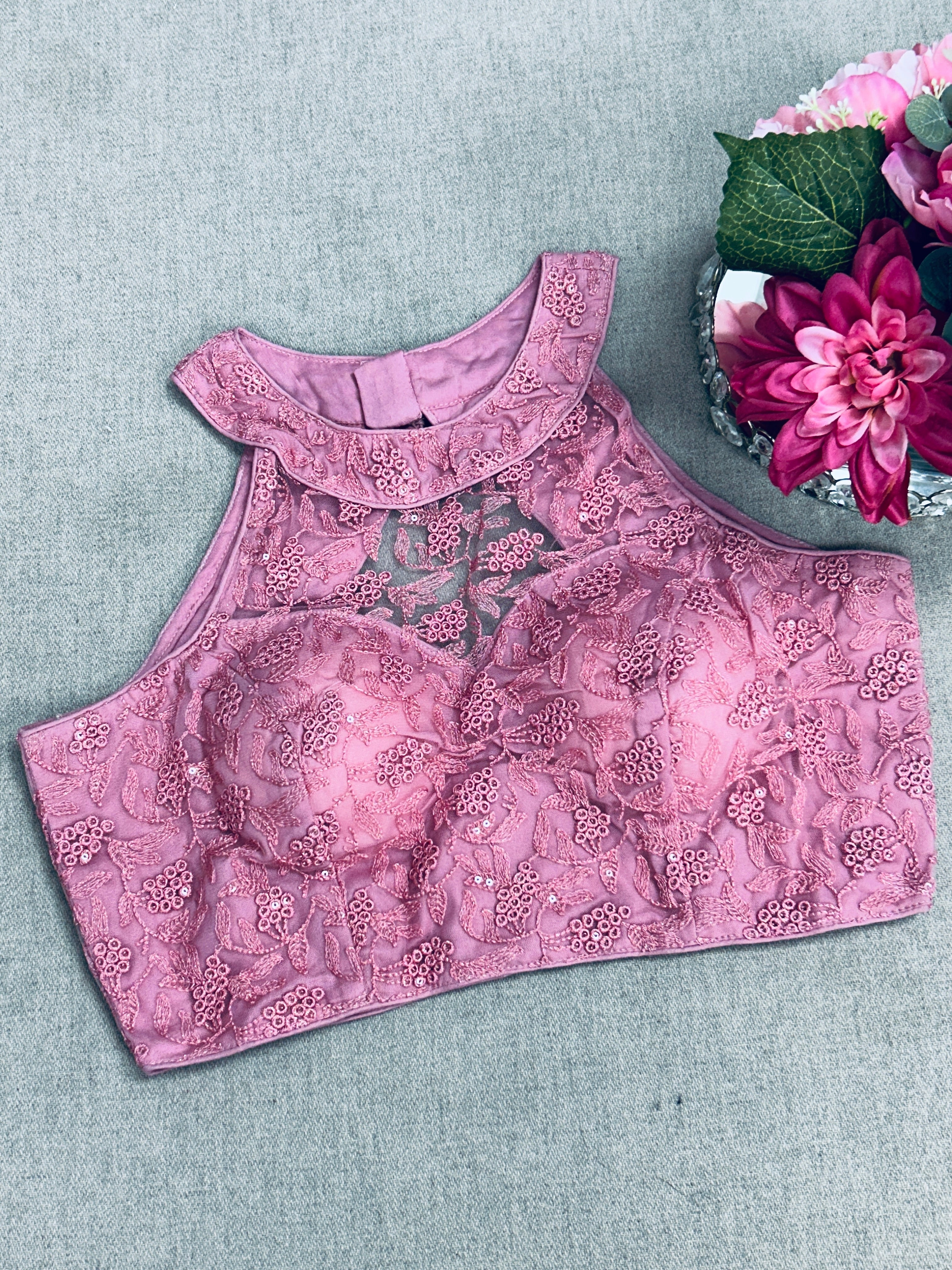 Pink : Halter neck embroidered blouse