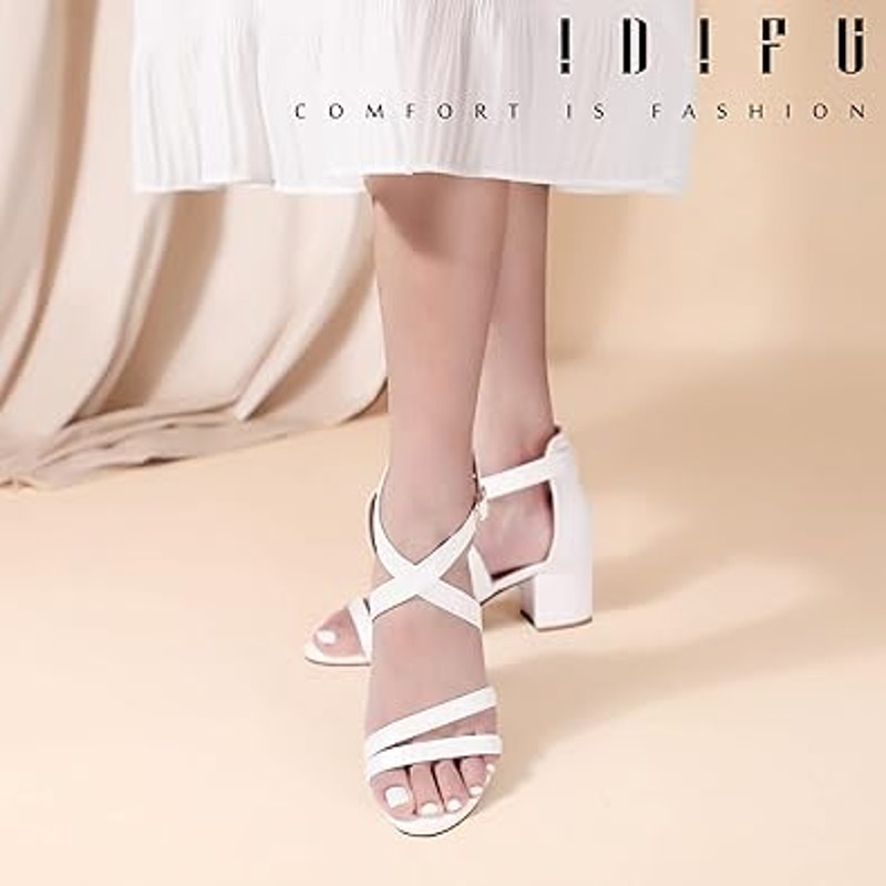 Idifu Womens Size 8 White Faux Leather Open Toe 2" Block Heel Ankle Strap Shoes