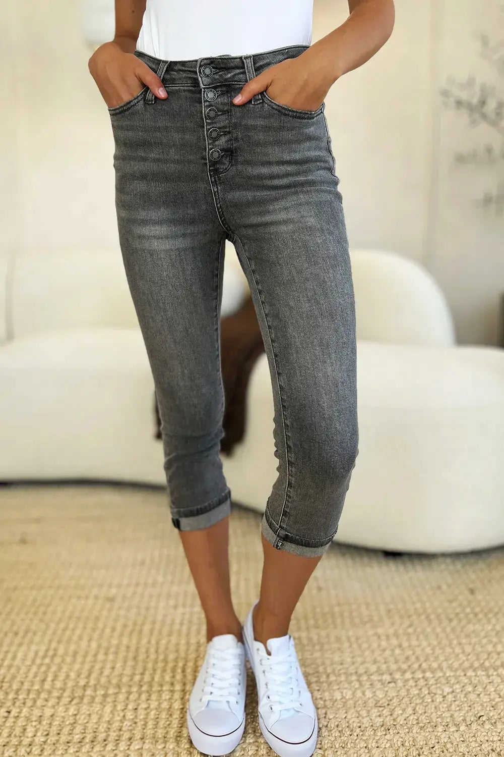 Judy Blue Jeans - Full Size Button Fly High Waist Cuffed Capris