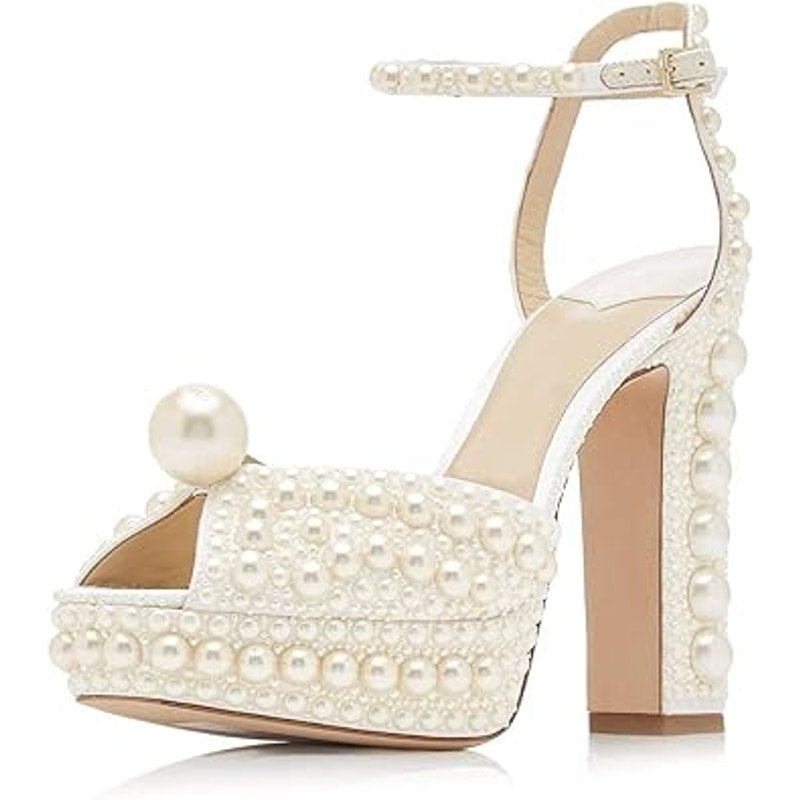 Goolita Womens Size 10.5 White Pearl Open Toe 5" Platform Heel Ankle Strap Shoes