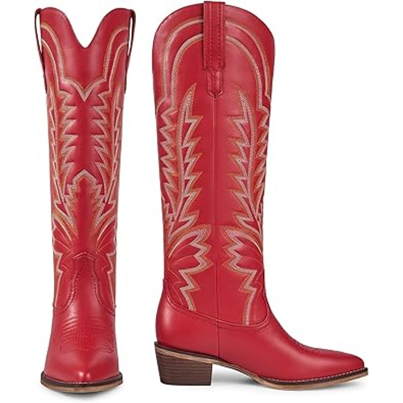 Isnom Womens Size 7.5 Red Faux Leather Embroidered 2" Block Heel Cowboy Boots