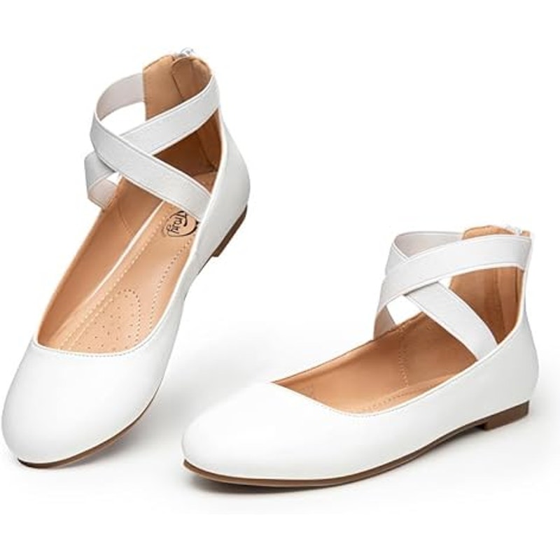 Trary Womens Size 8 White Faux Leather Elastic Strap Back Zip Ballet Flat Shoes