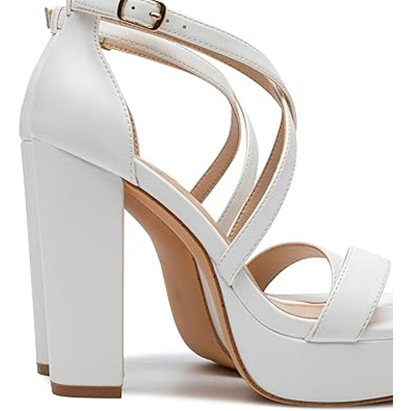 Trary Womens Size 9.5 White Open Toe Ankle Strap 4.5" Platform Heel Sandal Shoes