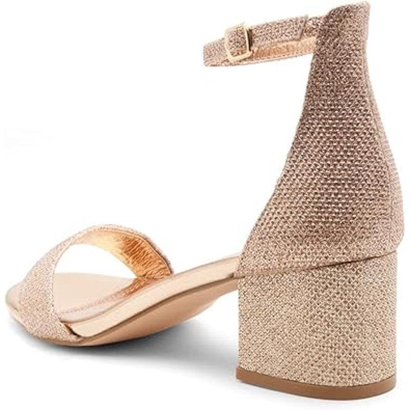 New Herstyle Womens 9 Rose Gold Glitter Open Toe 2.25" Heel Ankle Strap Shoes