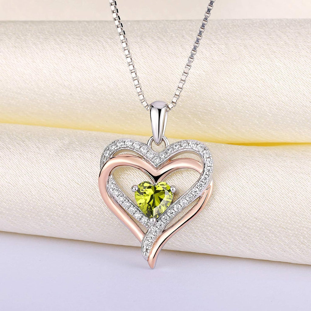 925 Sterling Silver Heart Necklace for Women Double Love Heart Pendant 18K Rose Gold Plated Created Peridot Jewelry for Mom
