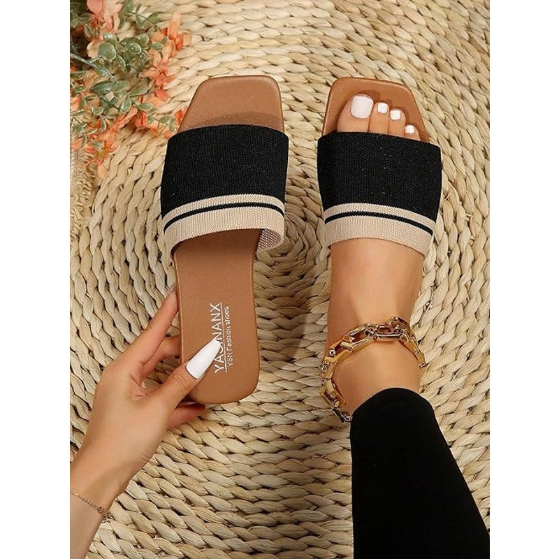 Yasinanx Womens Size 11.5 Black Fabric Strap Slide On Open Toe Flat Sandal Shoes