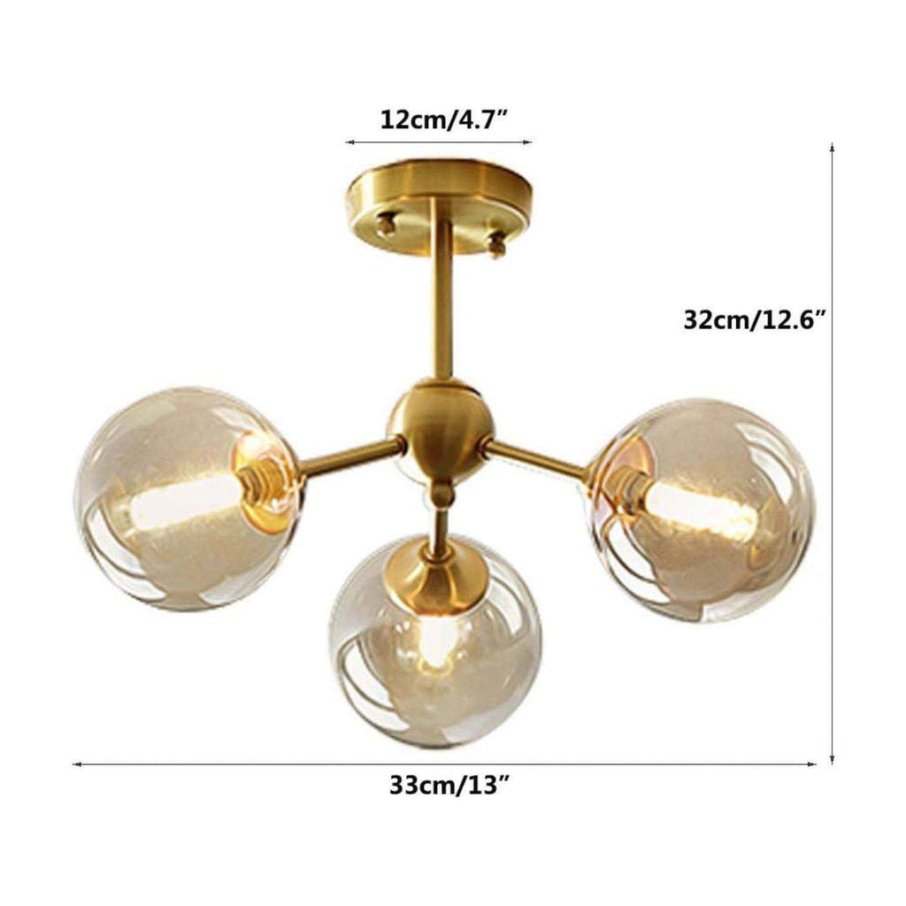 KCO Lighting Glass Globe Sputnik Chandelier 3-Light Brass Gold Close to Ceiling Light Mid Century Flush Mount Ceiling Light for Kitchen Island Bedroom Bathroom (3-Lights)