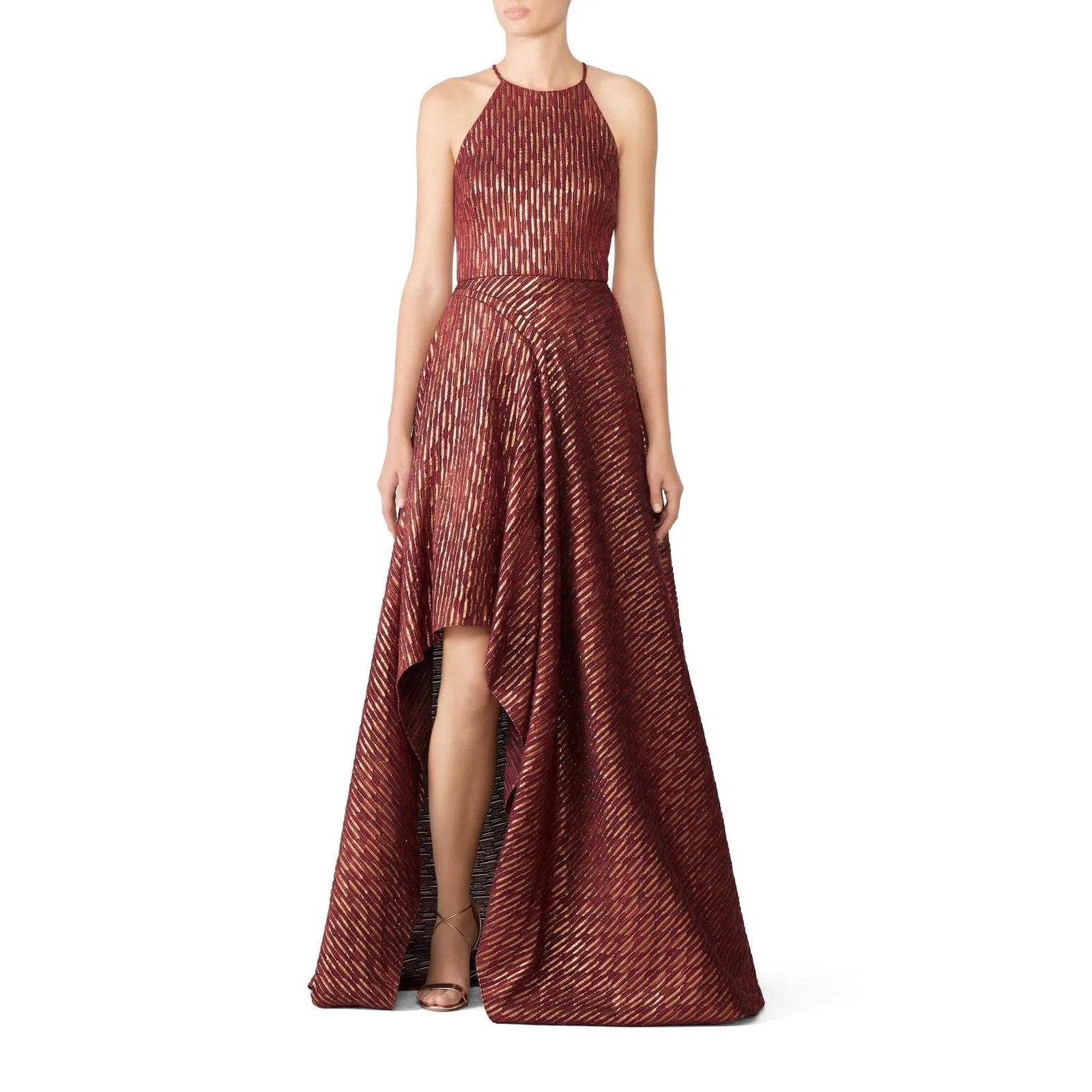 Badgley Mischka Size 10 Ruby Metallic Gold Hi Low Leg Slit Halter Dress Gown