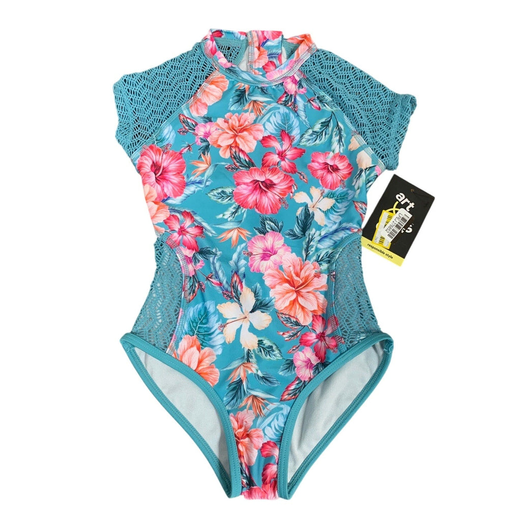 NWT New Art Class Girls Size XS (4/5) Back Zip Tropical Flower 1PC Swimsuit