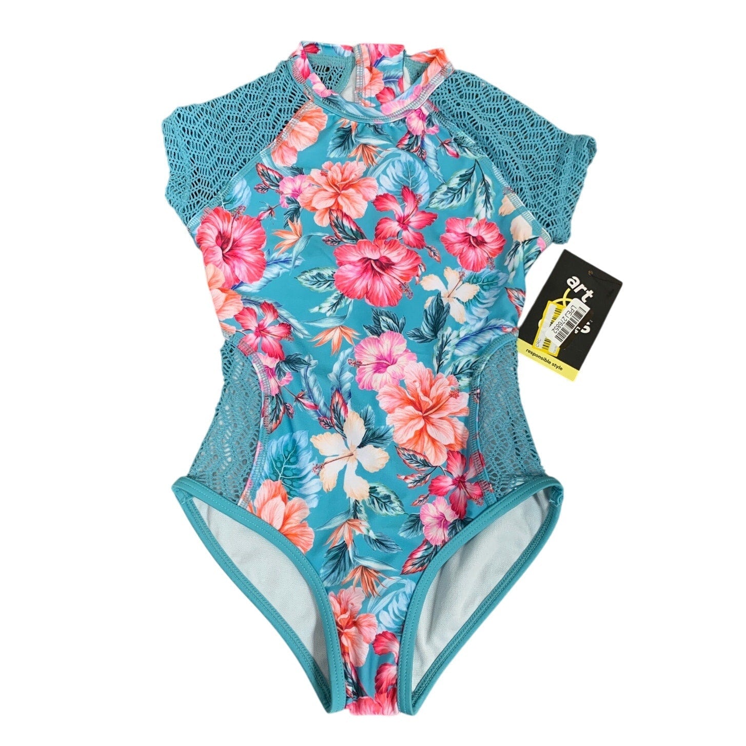 NWT New Art Class Girls Size XS (4/5) Back Zip Tropical Flower 1PC Swimsuit