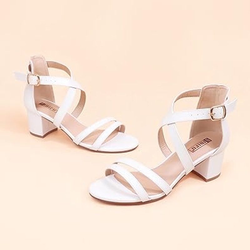 Idifu Womens Size 8 White Faux Leather Open Toe 2" Block Heel Ankle Strap Shoes
