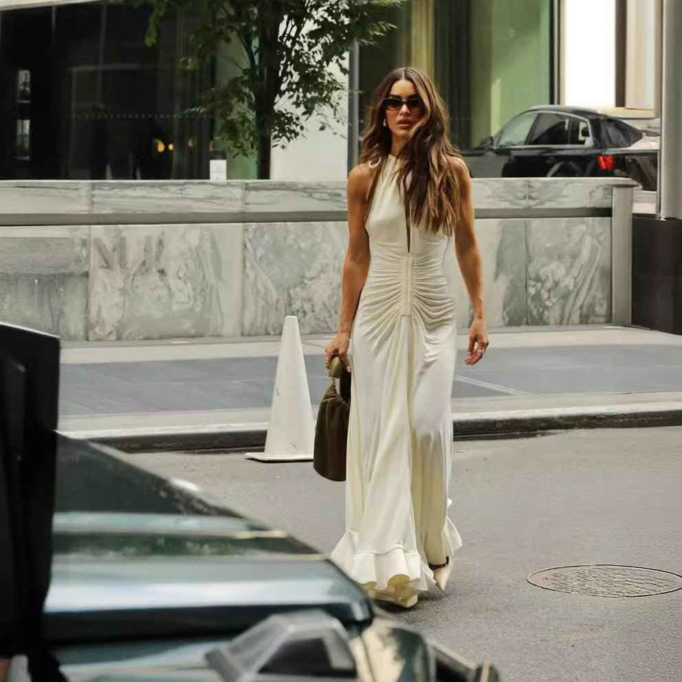 European & Egyptian Sleeveless Round Neck Pleated Dress