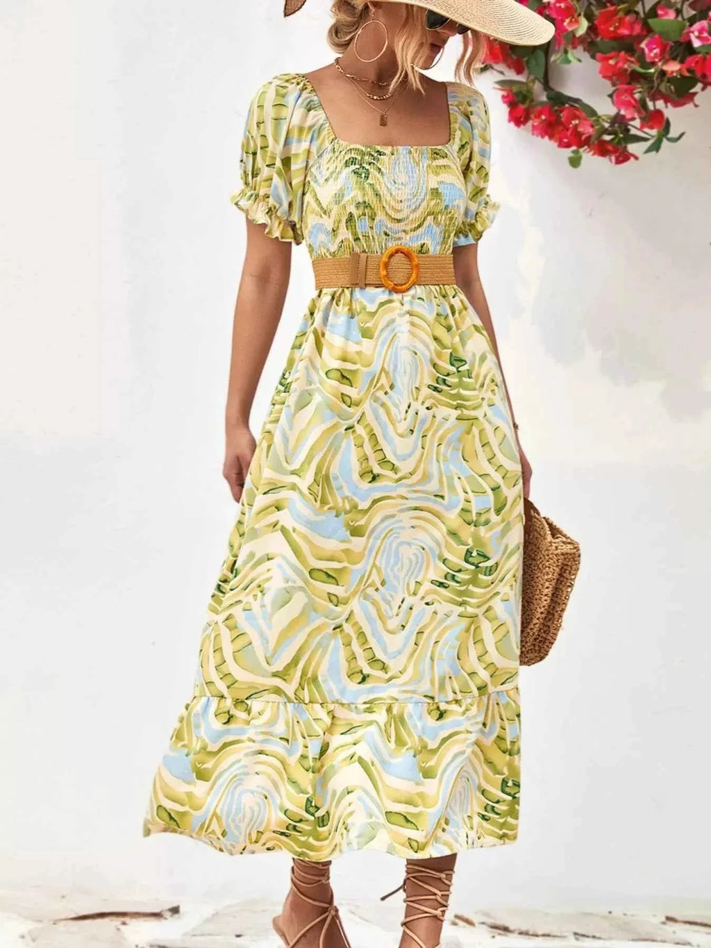 Smocked Printed Puff Sleeve : Midi Dress