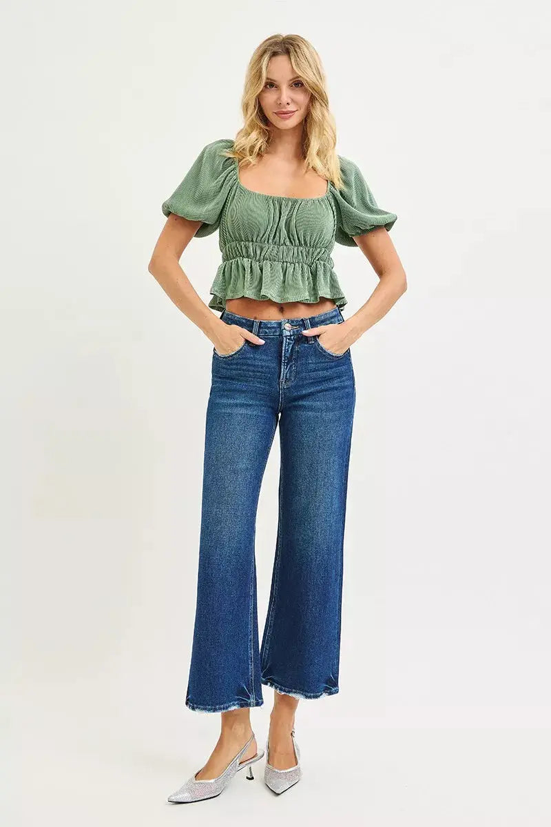 RISEN Jeans - High Rise Crop Wide Leg Jeans with Tummy Control 4 Way Stretch