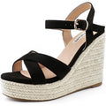 Joy In Love Womens 8.5 Black Faux Suede Espadrille 4.5" Wedge Open Toe Sandals