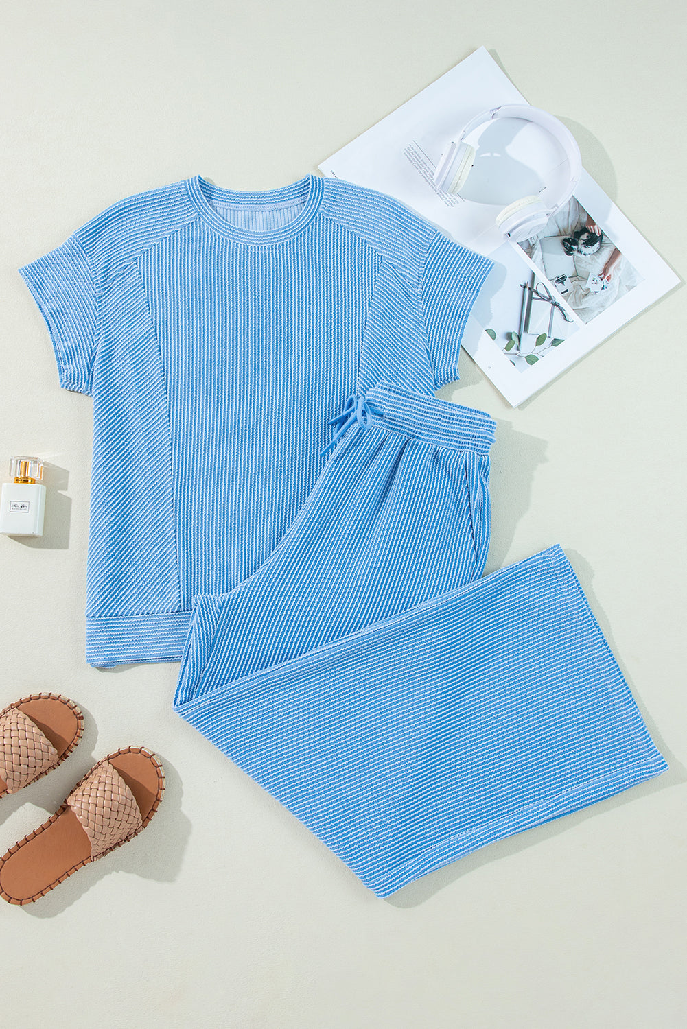 Luxury Solid Corded Short Sleeve T Shirt And Wide Leg Pants Set