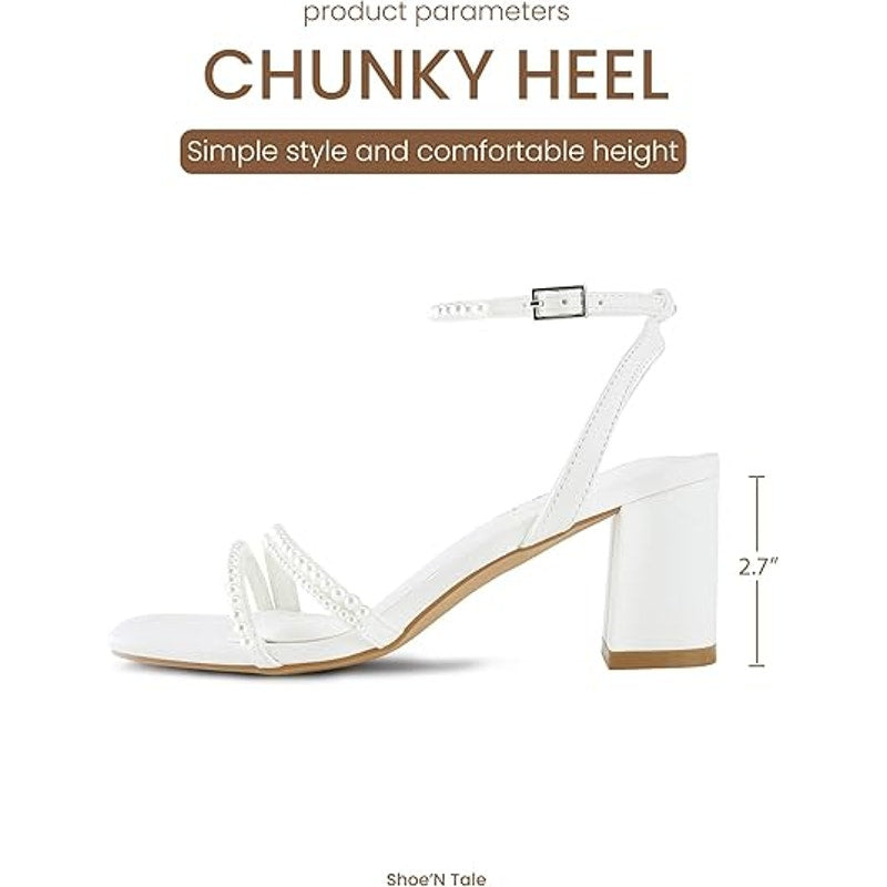Shoe'N Tale Womens Size 7.5 Pearl White Ankle Strap 3" Block Heel Open Toe Shoes