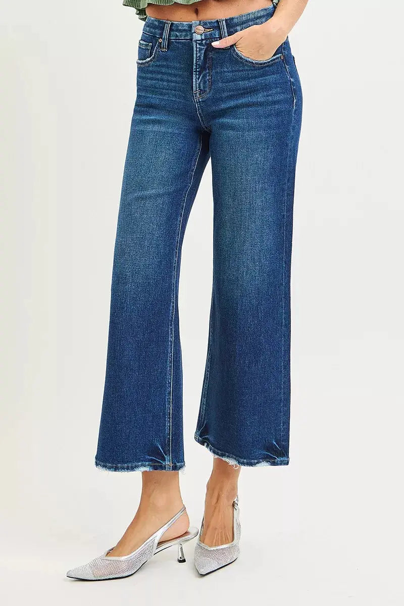 RISEN Jeans - High Rise Crop Wide Leg Jeans with Tummy Control 4 Way Stretch