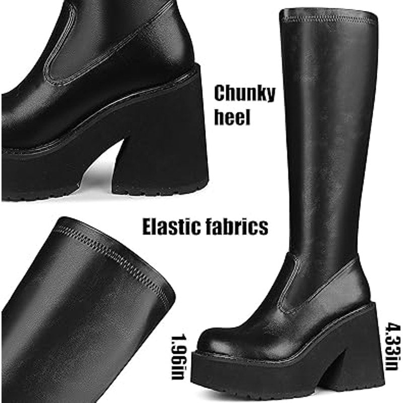 Aminugal Womens Size 10 Black Faux Leather Elastic Knee High Platform Boot Shoes