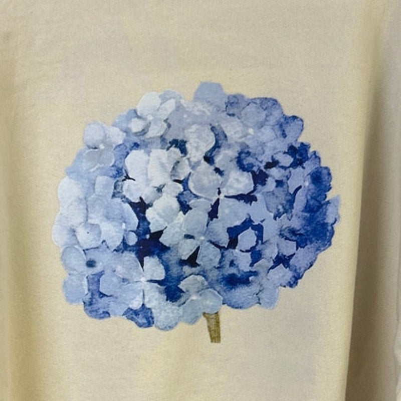 Upcycled Hand Printed Womens Large Blue Hydrangea Floral Long Sleeve Sweatshirt
