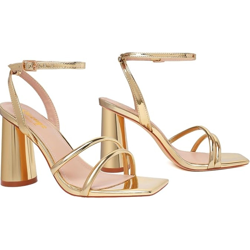 Ribongz Womens Size 9 Shiny Gold 4" Block Heel Open Toe Ankle Strap Sandal Shoes
