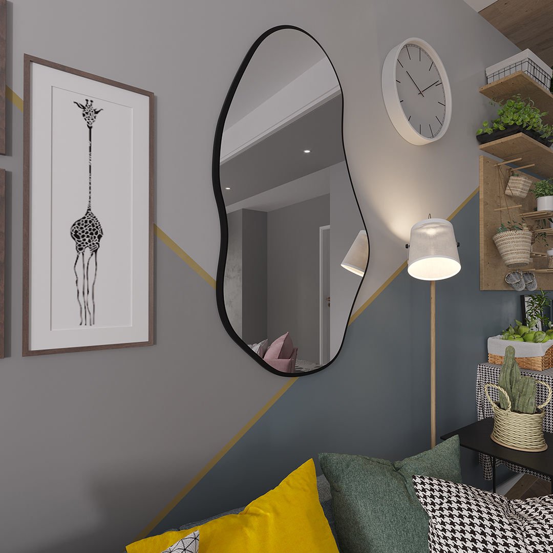 Asymmetrical Wall Mirror – Modern Irregular Black Frame Mirror for Living Room & Bedroom, Handmade Organic Shape Custom Mirror