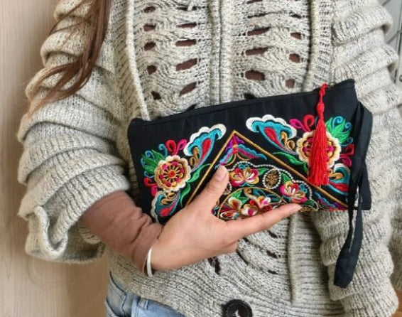 The Artisan's Bloom - Hand-Embroidered Cotton Hand Purse