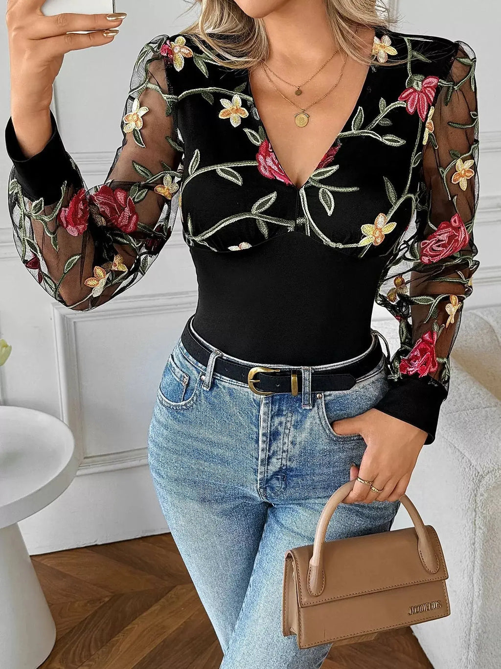 Floral Mesh Long Sleeve V Neck Blouse