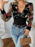Floral Mesh Long Sleeve V Neck Blouse