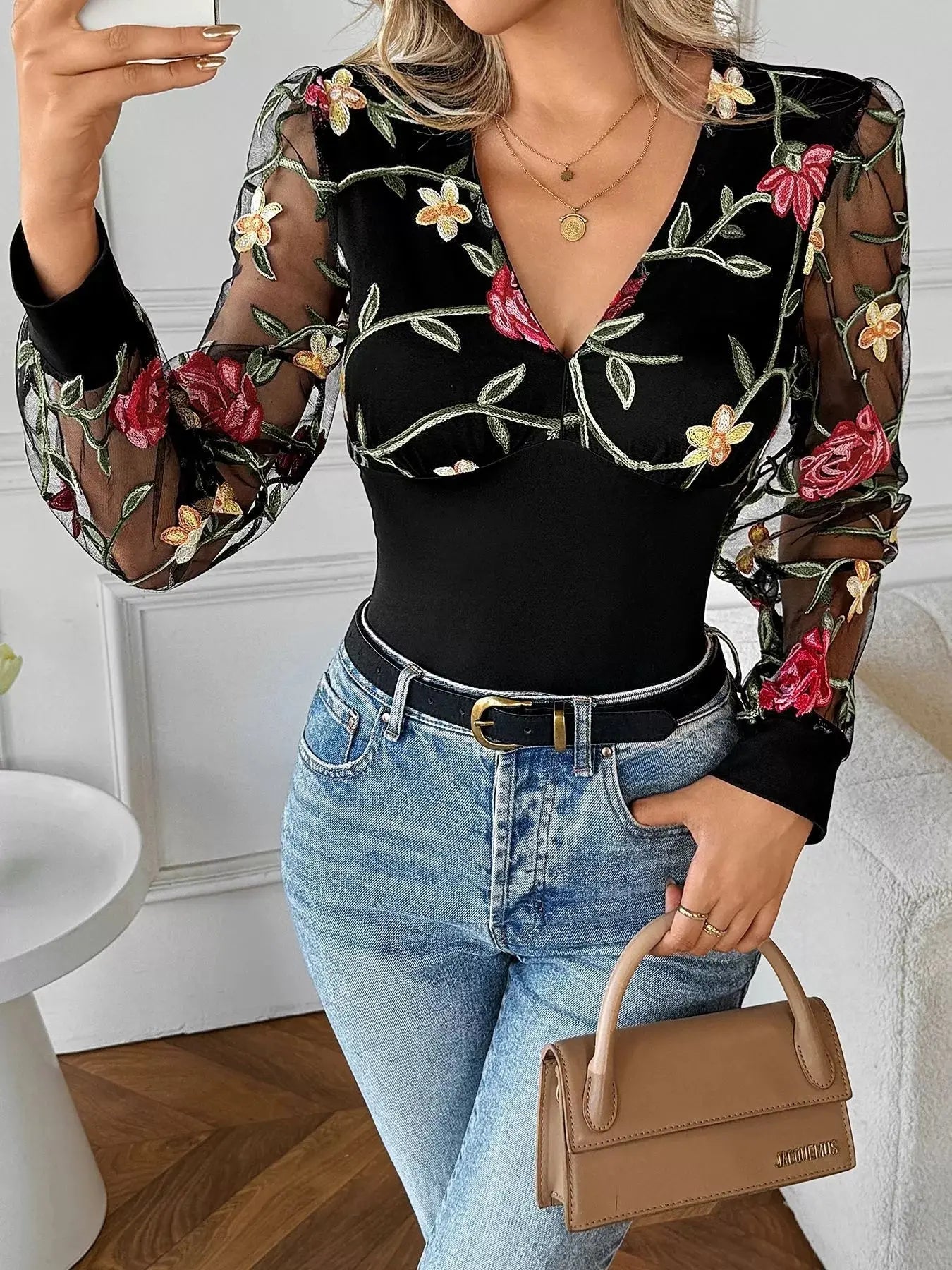 Floral Mesh Long Sleeve V Neck Blouse