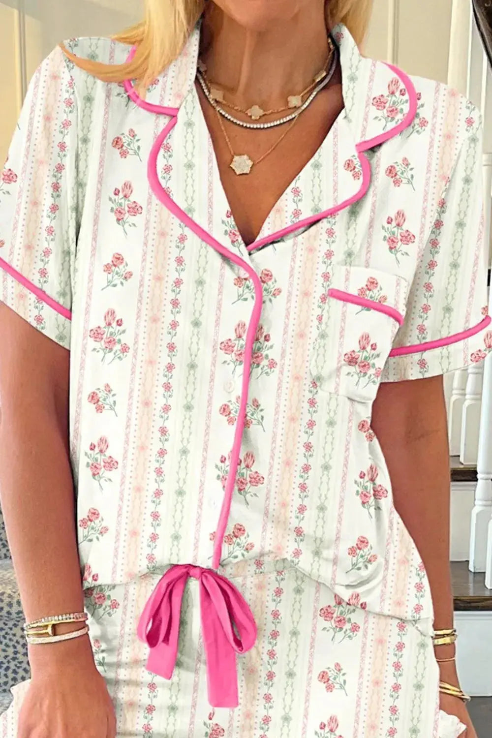 Cherry Bow Print Button Up Womens Loungewear Set