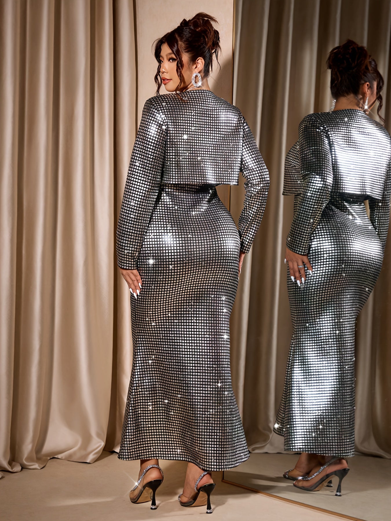 Women Silvery Foil Sexy Bandeau Cinched Waist Mermaid Hem Bodycon Dress
