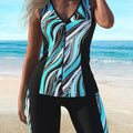 Trendy Blue Striped Tankini Swimsuit Set for Women, Perfect for Beach Leisure.