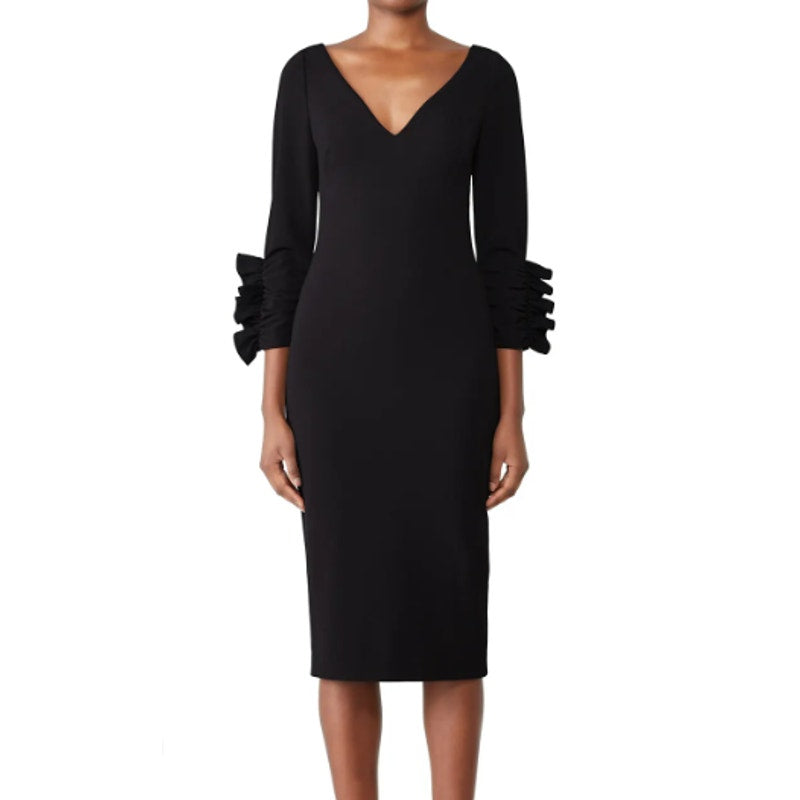 Badgley Mischka Size 6 Black Pinch Ruffle 3/4 Sleeve All Occasion Sheath Dress