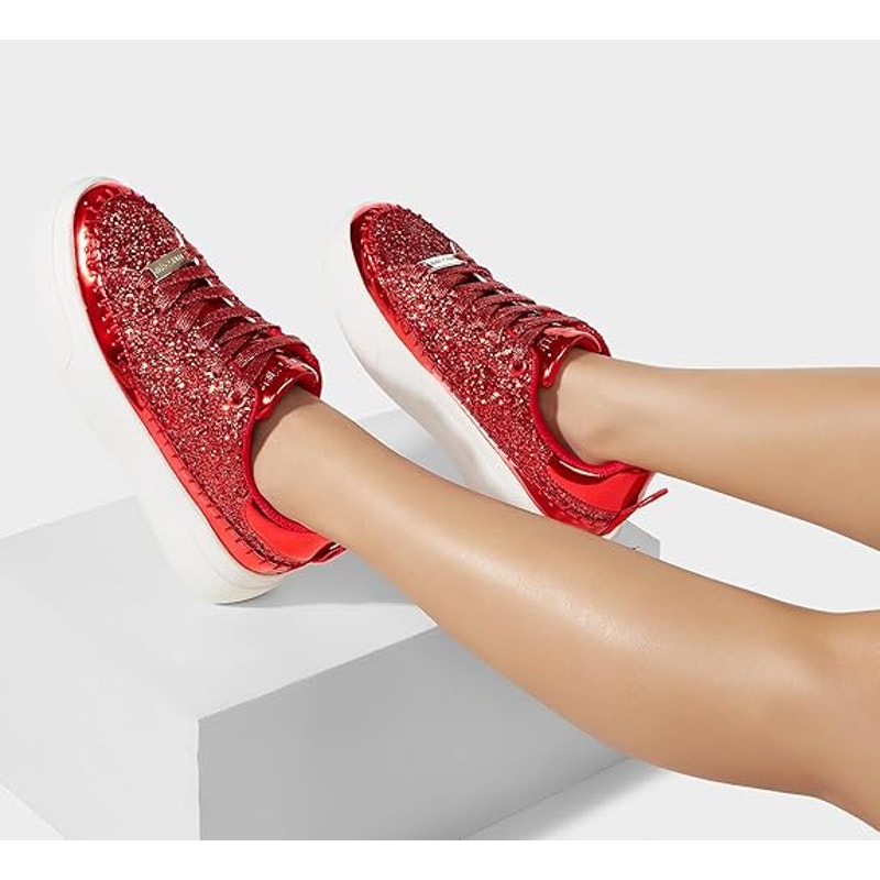 Lucky Step Womens Size 8 Red Glitter Faux Leather Lace Up Platform Sneaker Shoes